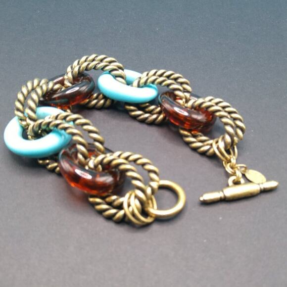 Chico’s Gold Tone Link Bracelet Faux Turquoise Tortoise Shell Toggle Clasp - Picture 4 of 6